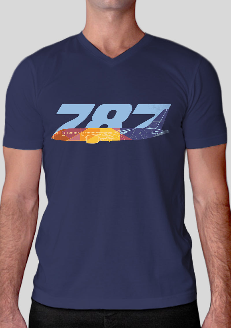 Navy blue V-neck printed cotton aviation T-shirt