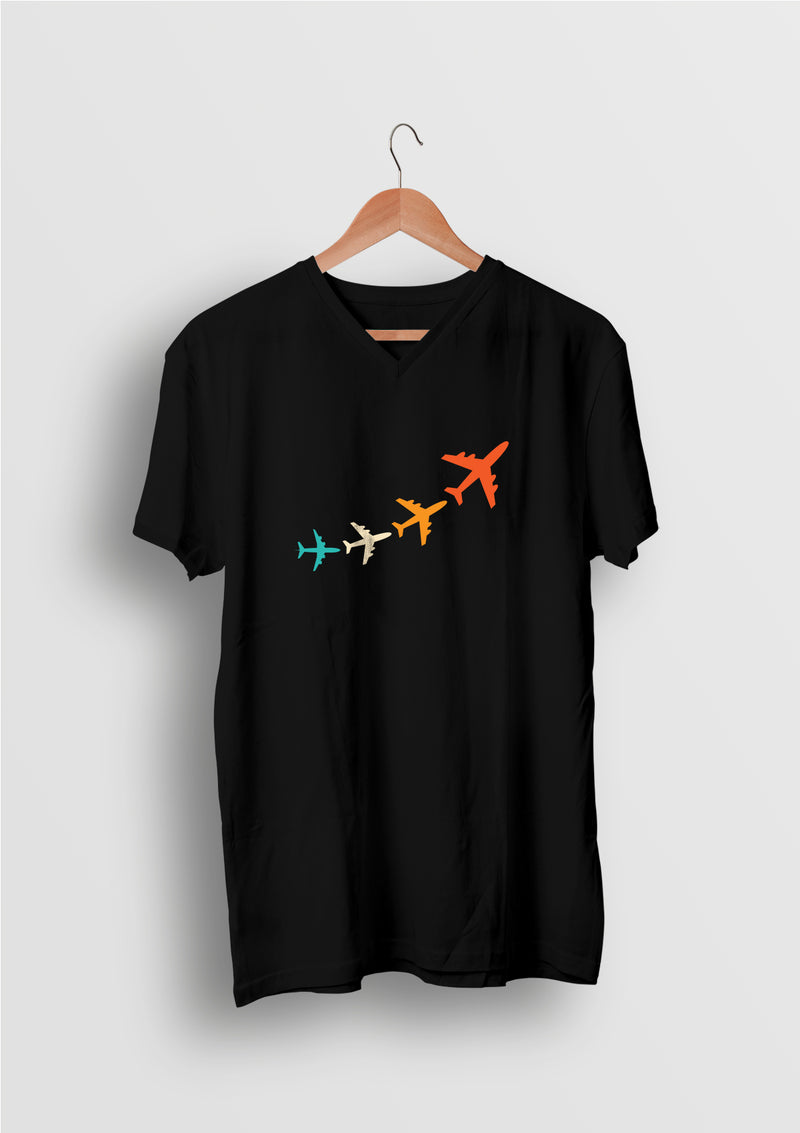 Aviation T shirts by LetsDviate, Black V-neck half sleeve printed premium Cotton T-shirt