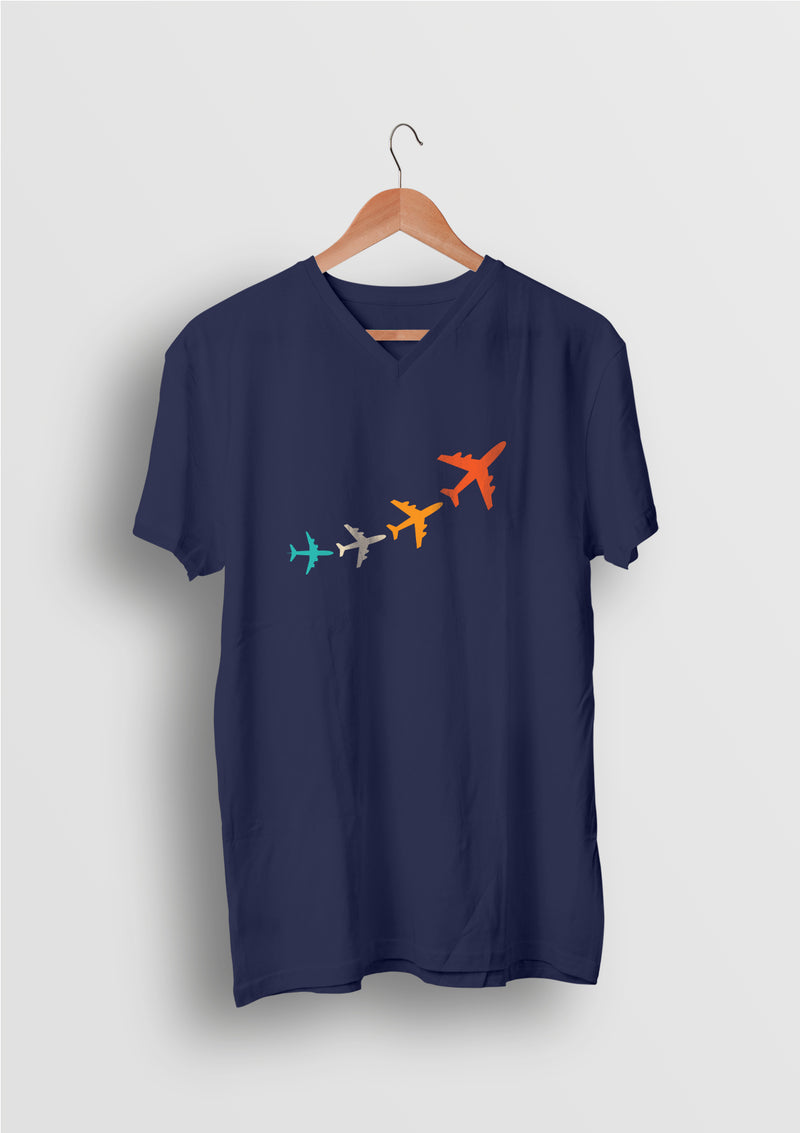 Aviation T shirts by LetsDviate, Navy blue V-neck printed Cotton T-shirt