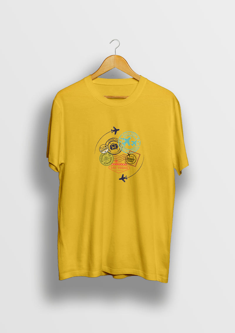 Golden Yellow round neck printed Cotton T shirt