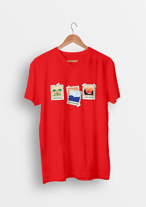 Travel themed V-neck half sleeve Red printed premium cotton T-shirts by LetsDviate